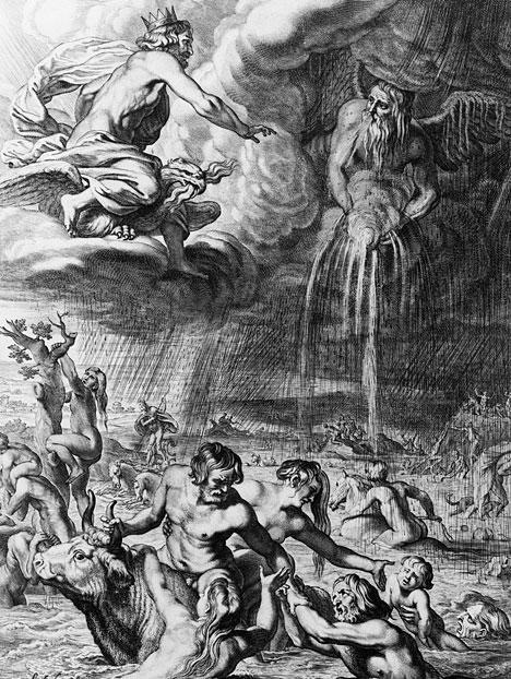 In this illustration from a 1665 edition of Ovid's "Metamorphoses," men flee from a deadly downpour unleashed upon them by the command of the ancient god Jupiter (Zeus, to the Greeks).