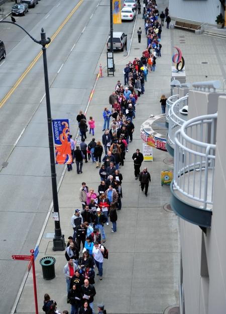 Deadliest Catch fans line the street waiting to enter the 2010 CatchCon event at the Bell Harbor venue in Seattle.