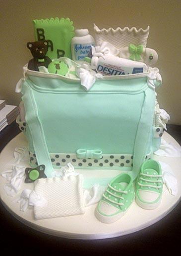 A diaper bag cake with baby essentials, seen at Lackawanna.
