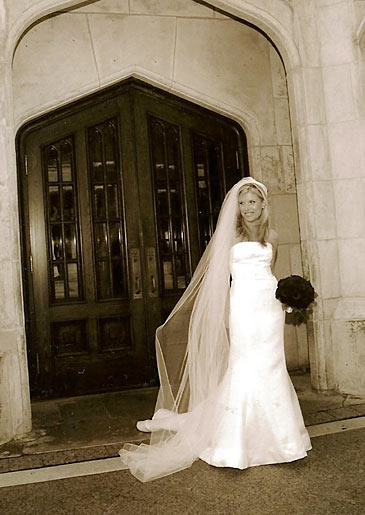 Sophie outside the chapel on her wedding day.