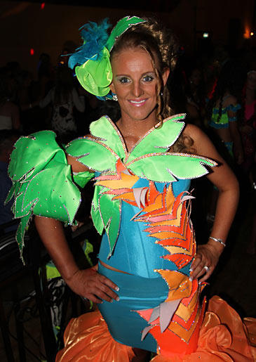 This gypsy bride rocks a palm tree ensemble at her bachelorette party. (In case you're wondering, the maid of honor is dressed in a pineapple getup!)