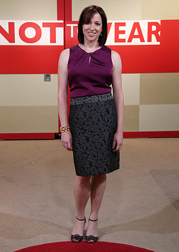 Purple Top, Floral Pattern Gray Skirt and Gold Clear Stone Bracelet from