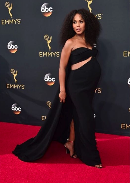 Kerry Washington in black floor length cut out dress while pregnant