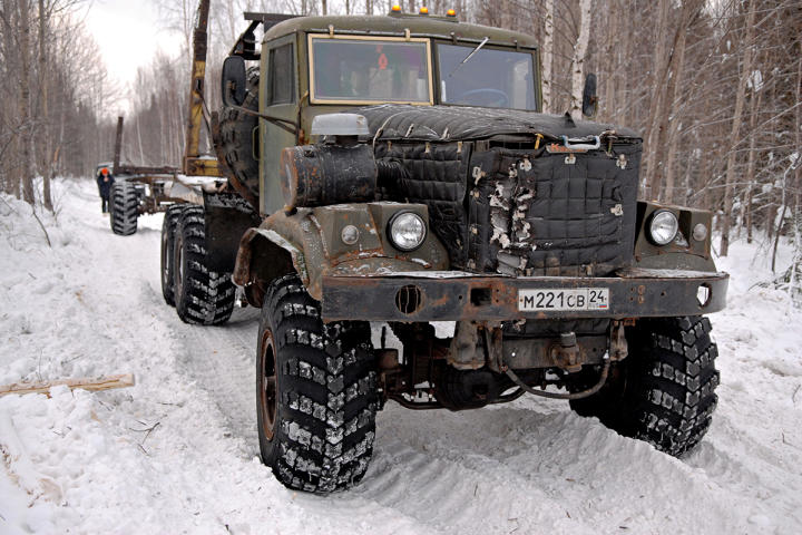 Logging truck at the cutting block in Siberia.