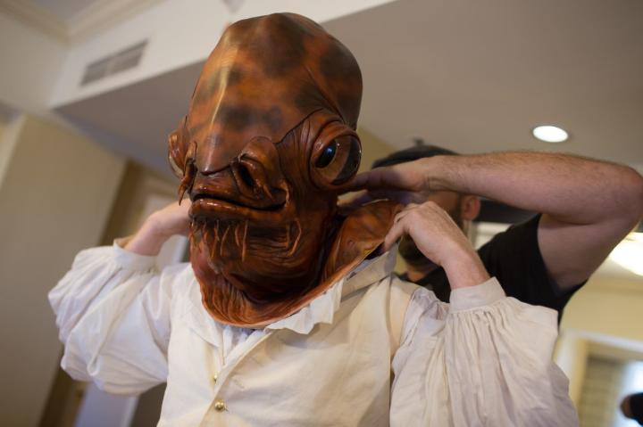For this year's Comic-Con, Adam walked the show floor as the inimitable Admiral Ackbar. To craft his perfect Ackbar mask, Adam teamed up with makeup master Frank Ippolito, of SyFy's Face Off, to bring the regal Mon Calamarian to life.