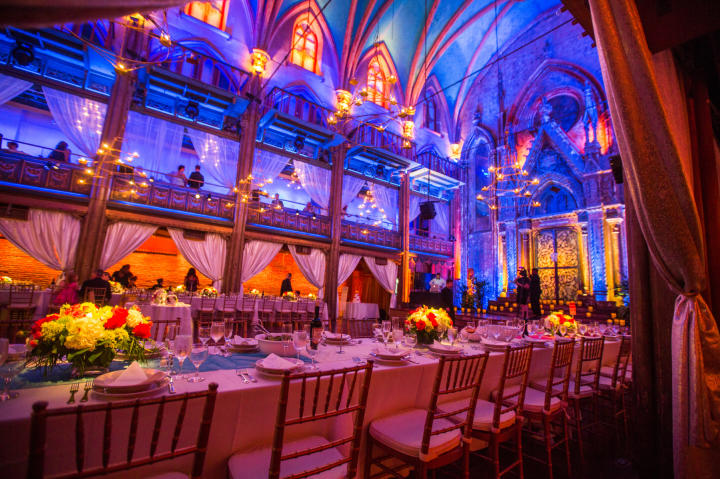 The venue is a renovated synagogue in New York. The space can act as both a ceremony and reception space.