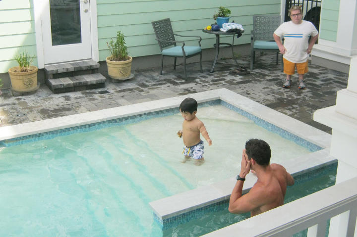 Part of Will's swim lesson involves throwing an object into the pool, then diving to retrieve it.