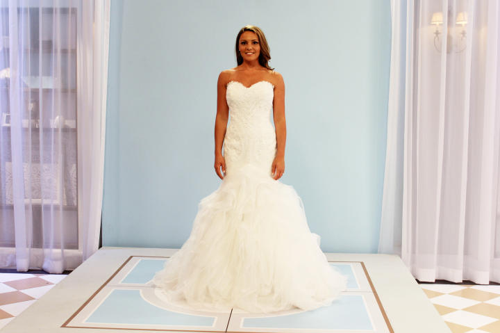 Alysha's new pick was this Pronovias "Beca" design, priced at $2,500. It's a crystal-embellished mermaid silhouette with dramatic organza skirt.