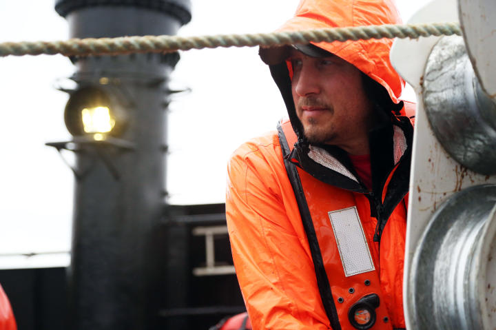 Seabrooke relief captain/deckhand Brad Petefish works the hydraulics.