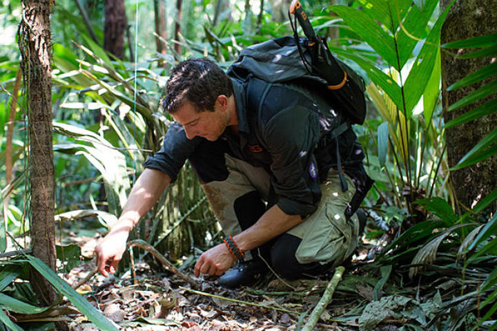Bear sets up a snare to show how these two Frenchmen, lost in the Amazon for 52 weeks, might have supplemented their diet with more calories from larger animals.
