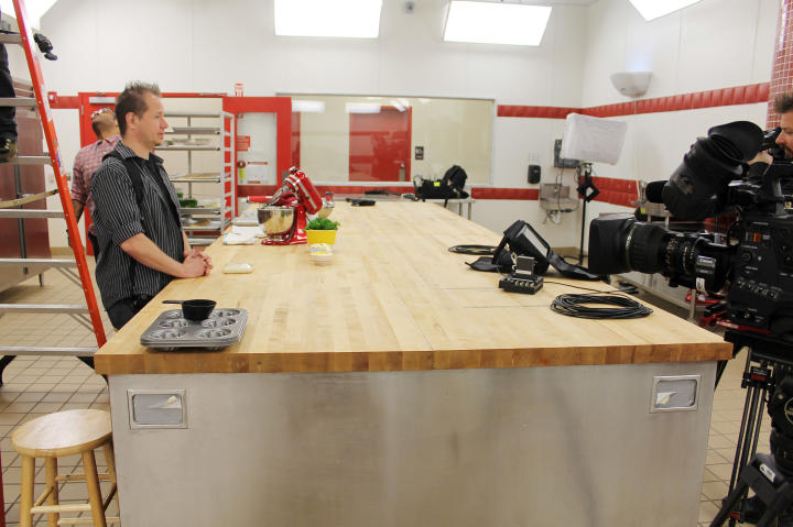 The crew sets up for the Lil' Cake Boss Cooks shoot.