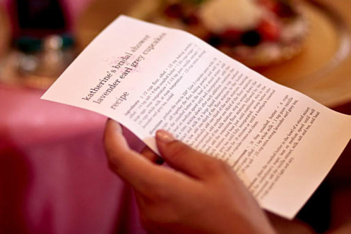 Each guest at Katherine's wedding shower received a recipe for the special lavender Earl Grey cupcakes Sophie created for the occasion.