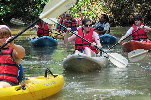 Everyone sticks close together for the kayak journey.