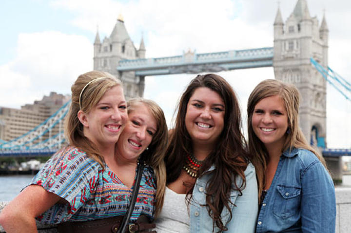Abby & Brittany with friends Erin and Becca near the London Tower Bridge.