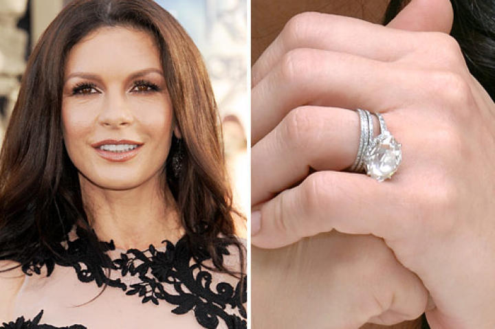 Catherine Zeta-Jones married Michael Douglas at New York City's Plaza Hotel in November 2000. The Welsh actress wears a 10-carat center stone surrounded by 28 smaller diamonds.