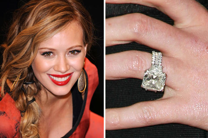 Actress Hilary Duff received this 14-carat radiant-cut diamond from hockey player Mike Comrie. The couple wed in August 2010 in Santa Barbara.