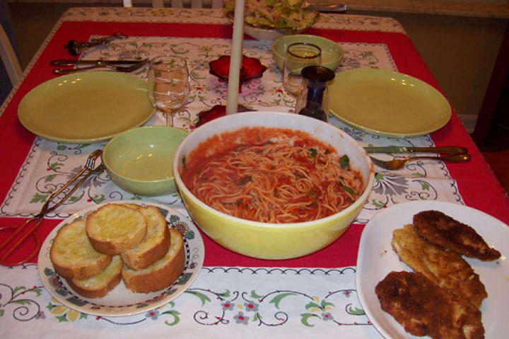 Dear TLC,
My husband, Jeff, and I have been married for 33 years this July. In that time, cooking has been my job exclusively, with the exception of a few meals of canned soup and grilled cheese that Jeff would “cook” when I was sick or having babies.
Jeff has been watching Kitchen Boss for a few weeks now, and has been saying he’d like to try cooking. When he watched the Beginning Italian Cooking show, he decided that was going to be his first attempt, though he needed me in the kitchen with him just to be his “sous chef” and help him out with some of the basic techniques. Last night, the night before Valentine’s Day, he announced he was taking the day off from work and he was going to cook me a Valentine’s Dinner. Of course, we used Buddy’s recipes to organize our shopping list, went grocery shopping together, and came home and cooked one of the best meals I’ve had in a very long time! He even made his own Italian breadcrumbs for the chicken cutlets. ...