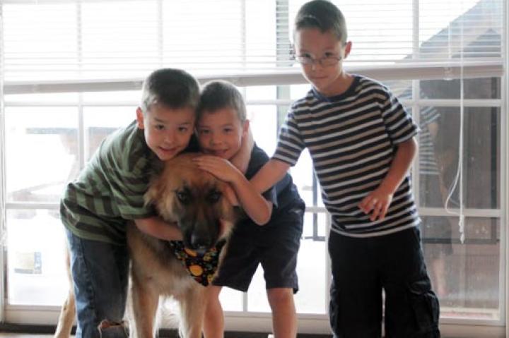 Collin, Joel and Aaden couldn't be happier to share their 7th birthday with their dog, Shoka.