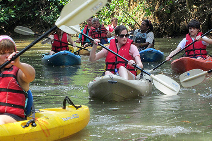 Everyone sticks close together for the kayak journey.