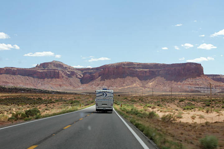 The families' replacement RV, the “New Party Bus” on the road in Utah.