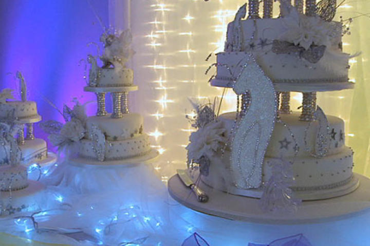These cakes complement the bride's unique dress with cat details.