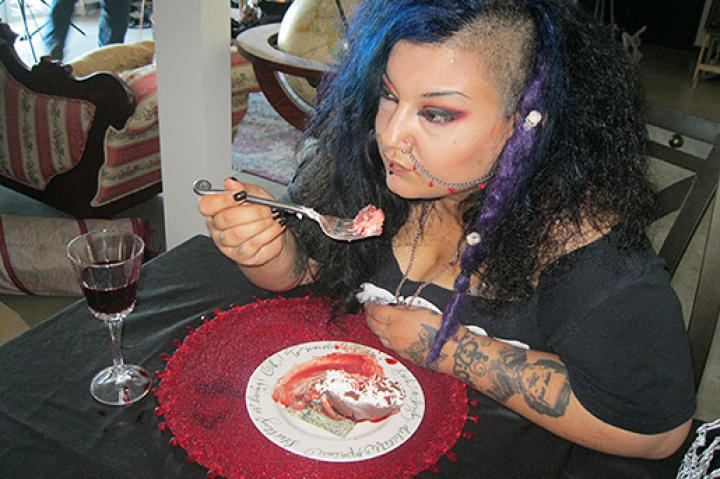 Every month, she consumes about a gallon of pigs blood.