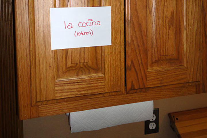 A few notecards around kitchen help the kids with their Spanish lessons.