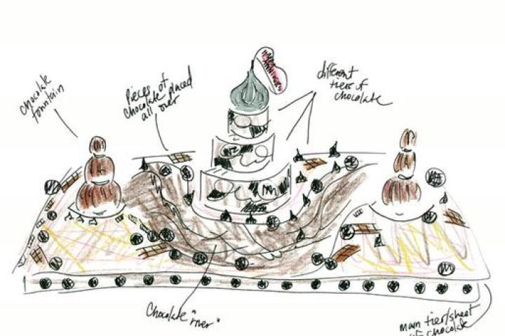 BUDDY'S SKETCHBOOK
Simeon, a romantic husband, requested a cake for his 15th wedding anniversary.
Here's Buddy's sketch of the cake.
Click "Next" to see how the cake turned out and how they made it.