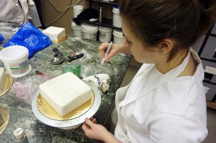 Leslie airbrushes a holiday cake.