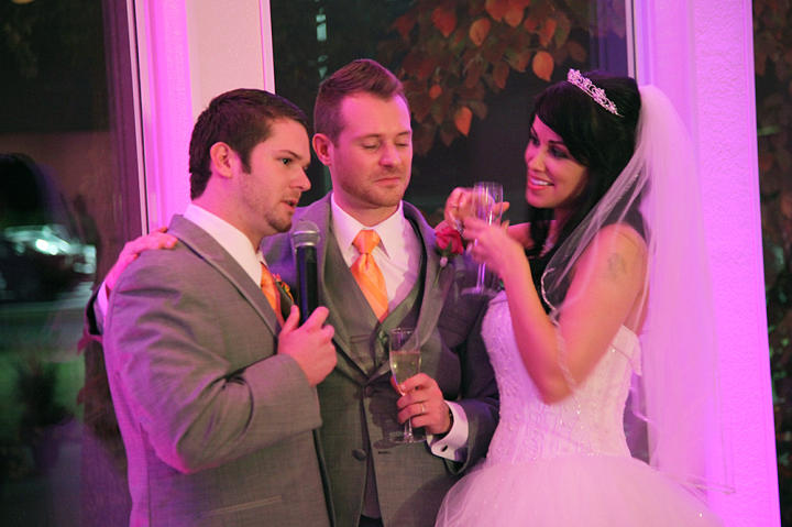 The happy couple is thrilled to be surrounded by Russ' friends and family on their wedding day.