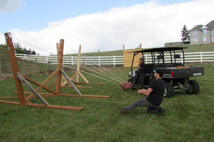 Getting ready to launch the giant sling shot.