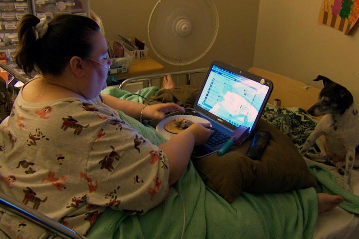 Penny is bound to her hospital bed. From there, she eats all of her meals, goes to the restroom and has all of her interactions with family.
