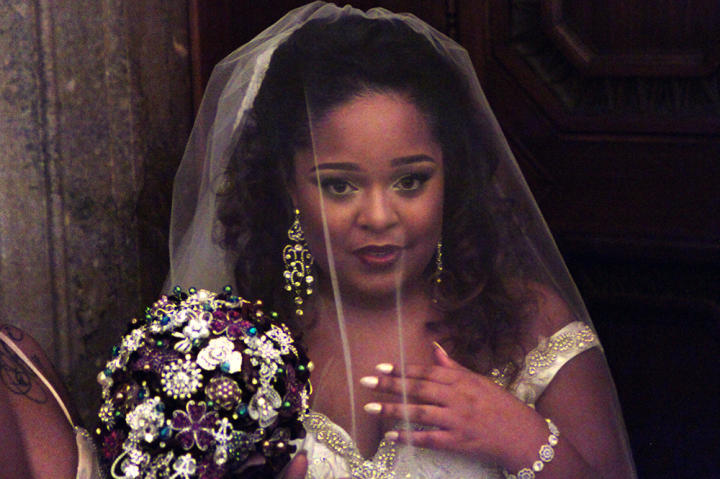 Terron rocks her Something Borrowed dress with a stunning brooch bouquet.