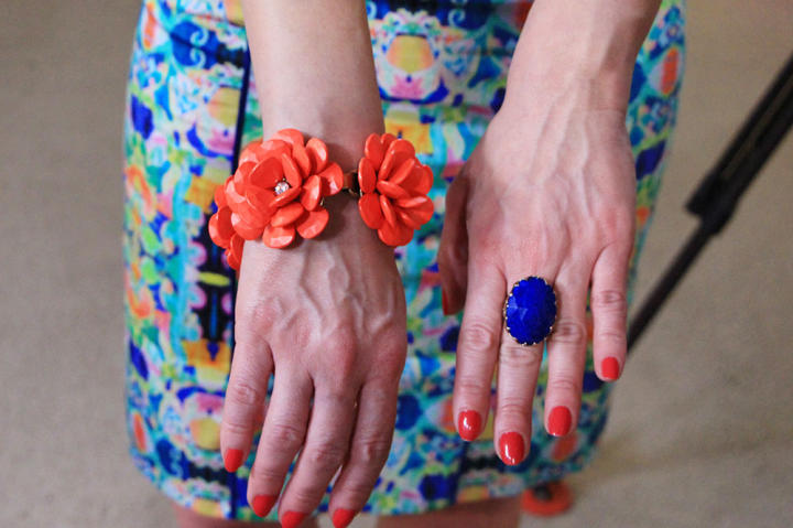 Red Flower Bracelet by J. Crew, Blue Ring by Amrita Singh