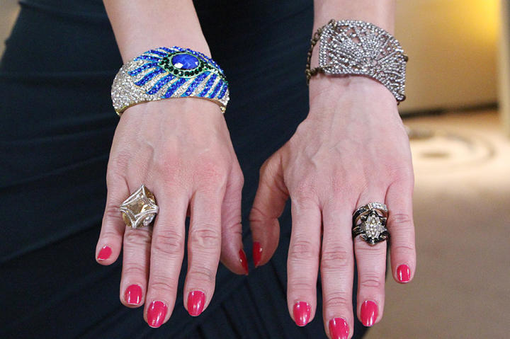 Starburst Gem Ring by Lulu Frost, Crystal Ring by Swarovski, Silver Gem Bracelet by Lulu Frost, Gem Peacock Bracelet by Amrita Singh Jewelry