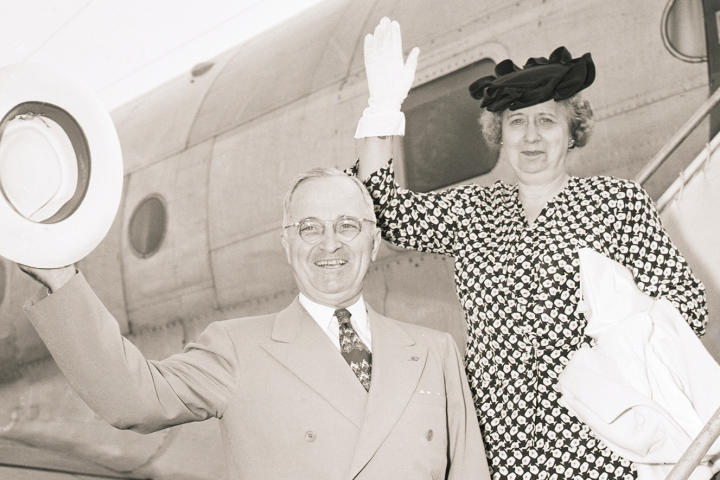 Harry and Bess Truman Wave from Plane Ramp