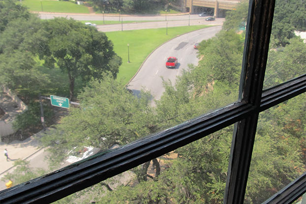 A view from the Sniper's Window onto Dealey Plaza.