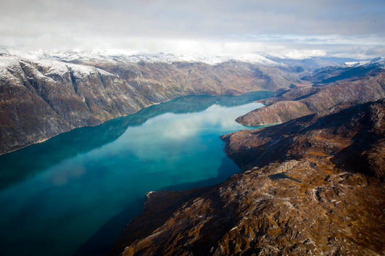 An aerial shot of a Fjord in Greenlan