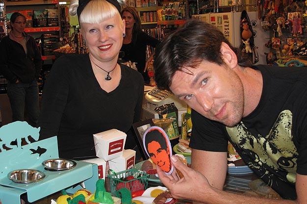 John Fulton with pet store worker and a John Fulton catnip toy