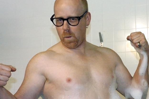 Adam Savage, circa 2005! Here, Adam tests whether you can murder someone by dropping an electrical appliance into a bathtub, a Hollywood staple.