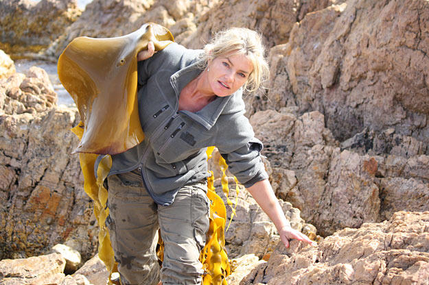 Ruth drags bull kelp onto shore in Tasmania. She'll use it to craft a canteen for preserving and carrying water. The kelp weighs a ton!