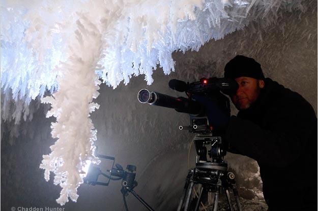 Filming in an ice cave beneath Antarctica's Mount Erebus.