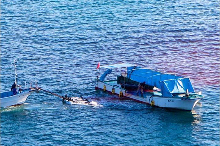 A boat used to drive dolphins in Taiji, Japan.
