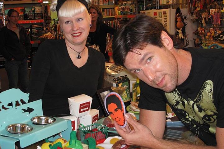John Fulton with pet store worker and a John Fulton catnip toy