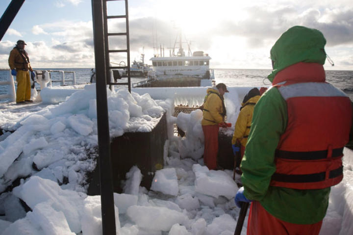 After long hours clearing ice and pots, Wizard deckhands still face a deck covered with snow. Earlier, during the worst of the storm, Capt. Andy on the Time Bandit ordered the pots to be dropped without bait because the ice buildup was making the boat top heavy and unstable. As Andy said, "Don't matter if we're catching crab or not — this is staying alive."