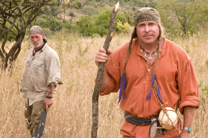 Cody and Dave pit their skills against classic African bush country of Kwazulu-Natal Province, South Africa. Because of the imminent threat of predators, they were given a machete that at least allows them to fashion rudimentary weapons like the sharpened staff that Cody holds. Everything else — including the ostrich egg canteen — is up to them.