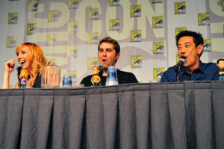 Tory Belleci and Grant Imahara react to an uncharacteristic off-color joke by Kari Byron.