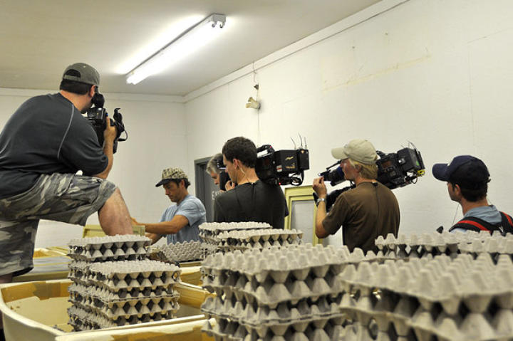 It takes a village — from left to right Dave Barsky, Doug Glover, Troy Paff (camera operator) and Chris Jones (audio) — to film one Mike Rowe.