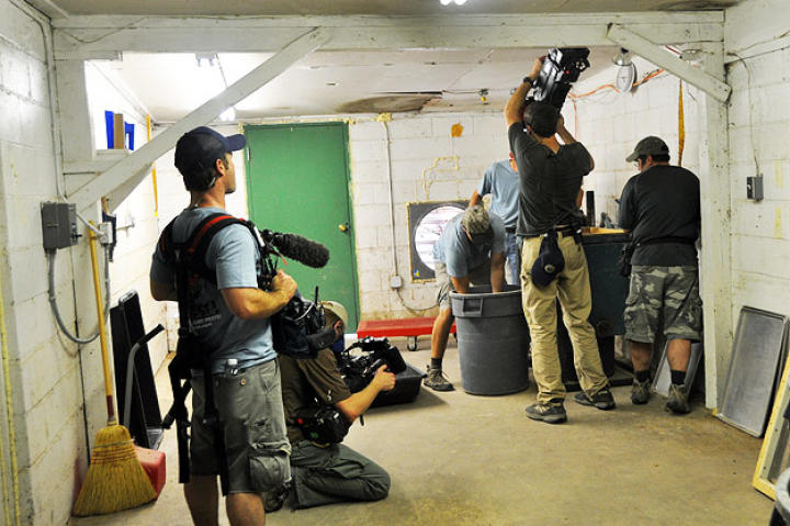 Again, it takes a village — from left to right Chris Jones, Troy Paff, Douglas Glover and David Barsky — to film one Mike Rowe.