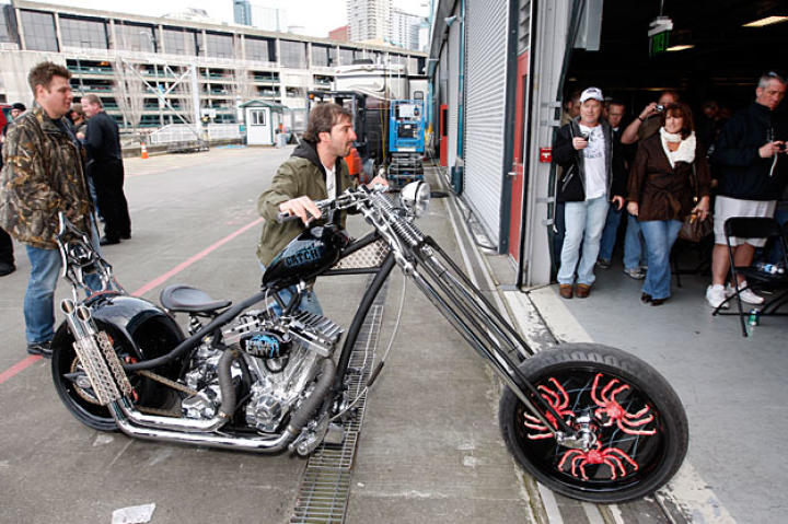Rick rolls the Deadliest Catch Bike into Seattle's Bell Harbor Conference Center for its CatchCon debut.